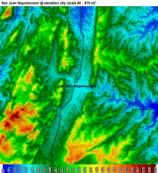 Zoom OUT 2x San Juan Nepomuceno, Colombia elevation map