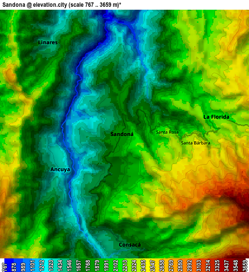 Zoom OUT 2x Sandoná, Colombia elevation map