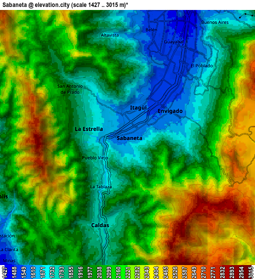 Zoom OUT 2x Sabaneta, Colombia elevation map