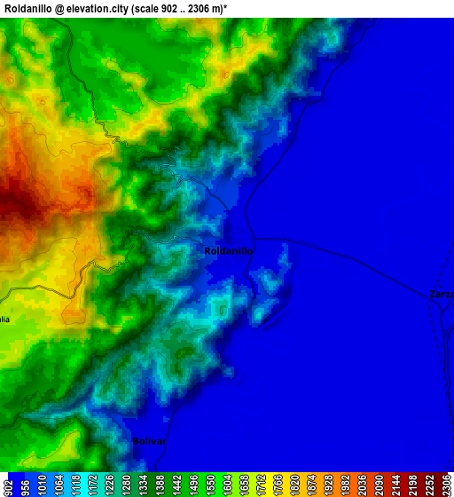 Zoom OUT 2x Roldanillo, Colombia elevation map