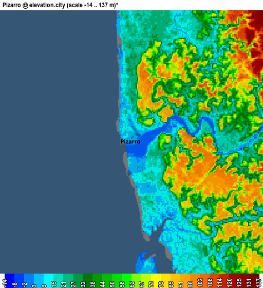 Zoom OUT 2x Pizarro, Colombia elevation map