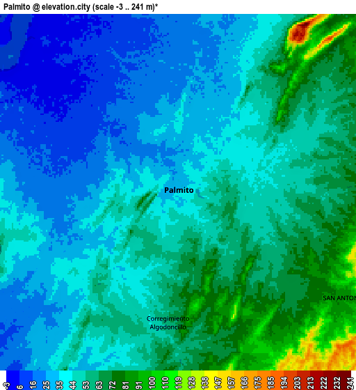 Zoom OUT 2x Palmito, Colombia elevation map