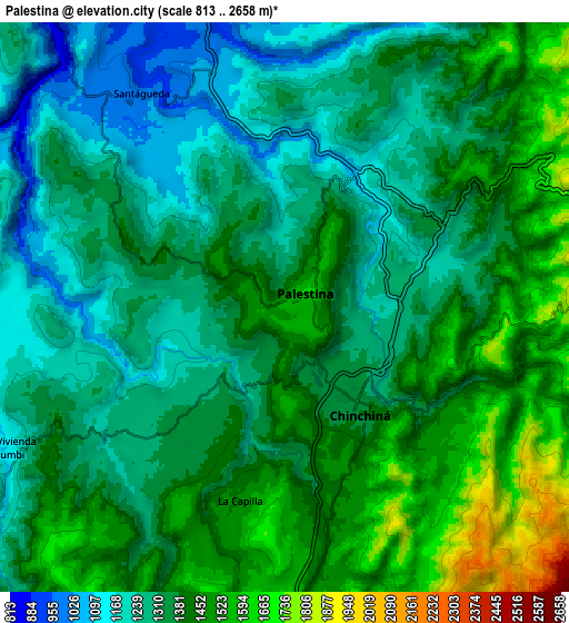 Zoom OUT 2x Palestina, Colombia elevation map