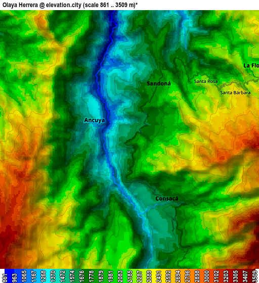 Zoom OUT 2x Olaya Herrera, Colombia elevation map