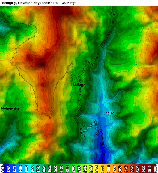 Zoom OUT 2x Málaga, Colombia elevation map