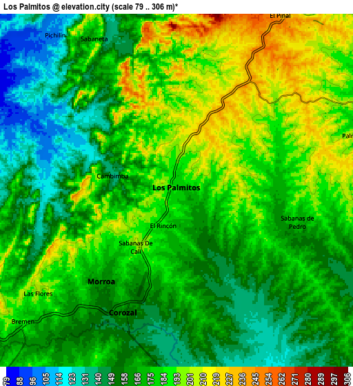 Zoom OUT 2x Los Palmitos, Colombia elevation map