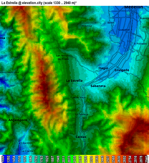 Zoom OUT 2x La Estrella, Colombia elevation map