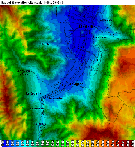 Zoom OUT 2x Itagüí, Colombia elevation map