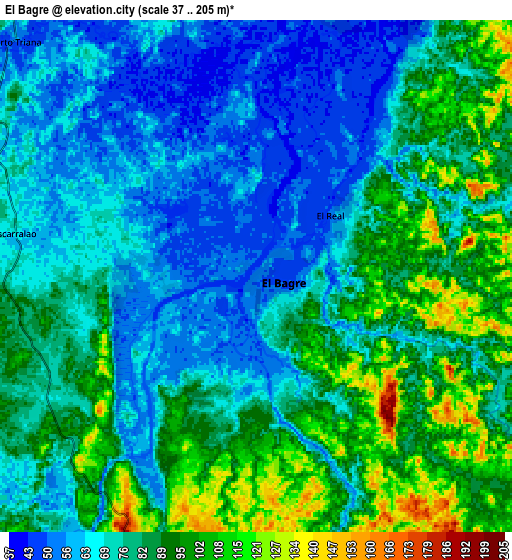 Zoom OUT 2x El Bagre, Colombia elevation map