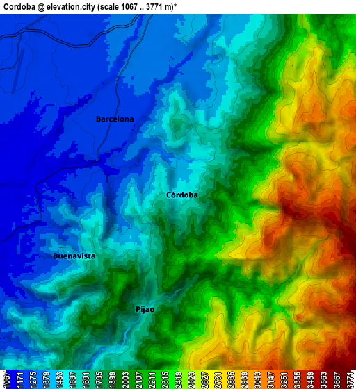 Zoom OUT 2x Córdoba, Colombia elevation map