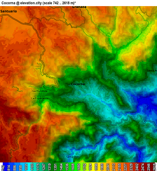 Zoom OUT 2x Cocorná, Colombia elevation map