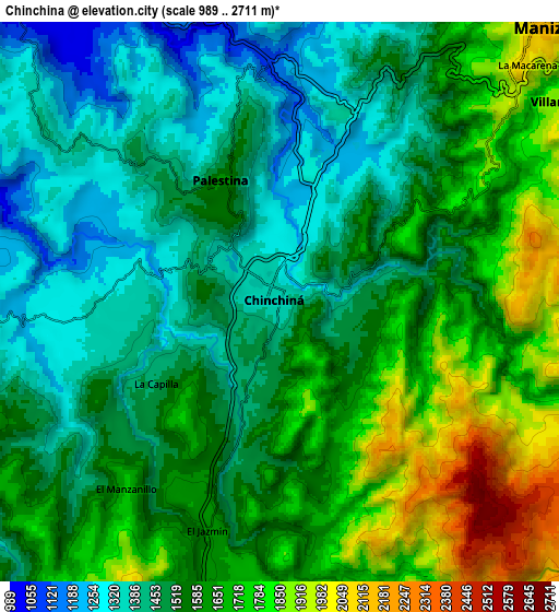 Zoom OUT 2x Chinchiná, Colombia elevation map