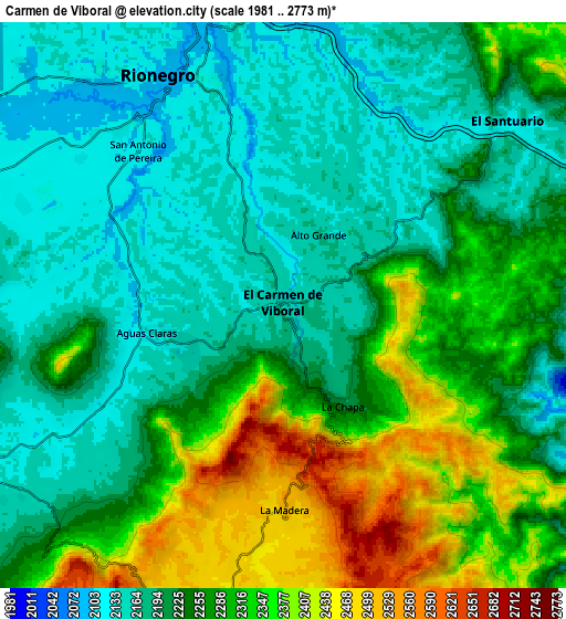 Zoom OUT 2x Carmen de Viboral, Colombia elevation map