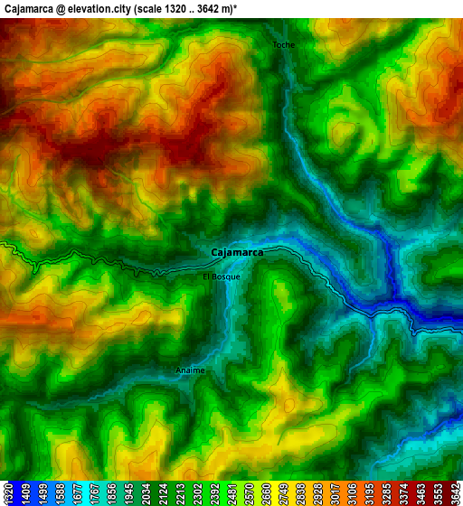 Zoom OUT 2x Cajamarca, Colombia elevation map