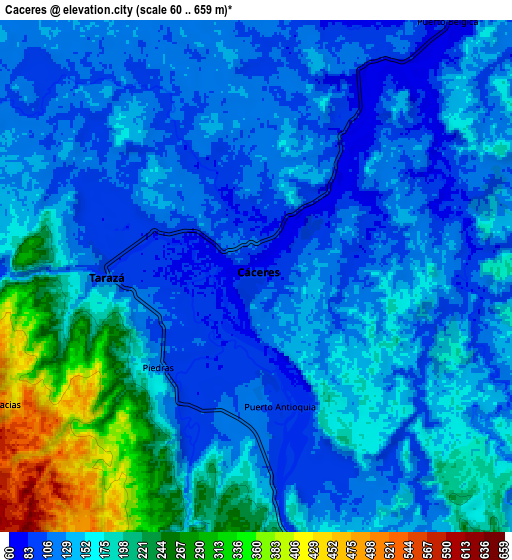 Zoom OUT 2x Cáceres, Colombia elevation map