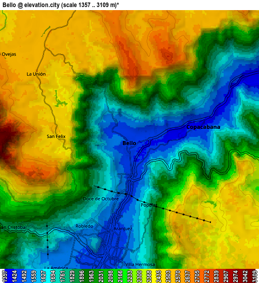 Zoom OUT 2x Bello, Colombia elevation map