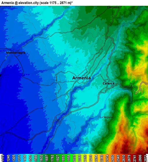 Zoom OUT 2x Armenia, Colombia elevation map
