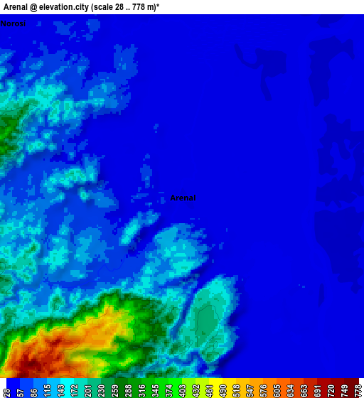 Zoom OUT 2x Arenal, Colombia elevation map