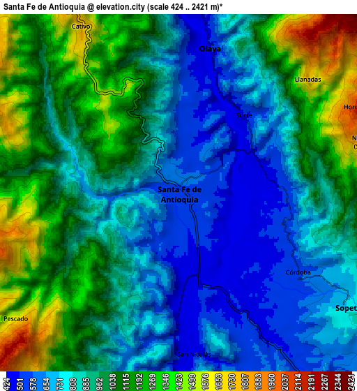 Zoom OUT 2x Santa Fe de Antioquia, Colombia elevation map