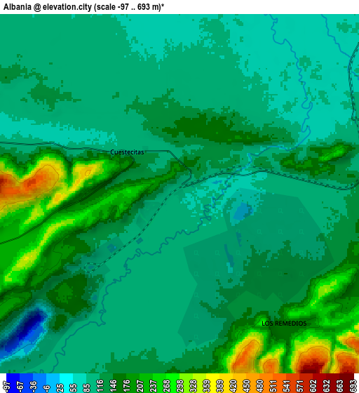 Zoom OUT 2x Albania, Colombia elevation map