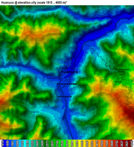 Zoom OUT 2x Huánuco, Peru elevation map