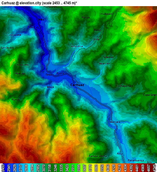 Zoom OUT 2x Carhuaz, Peru elevation map