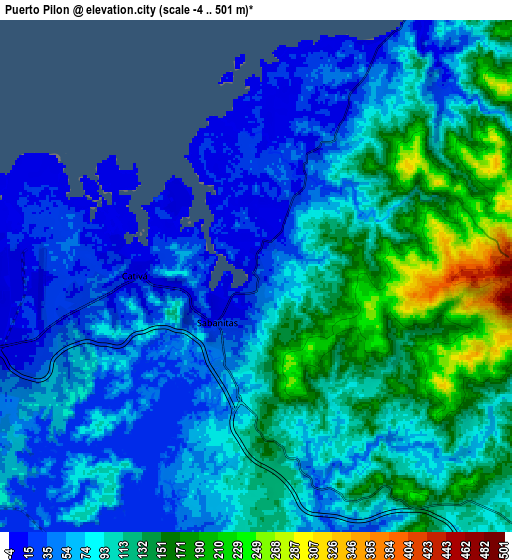 Zoom OUT 2x Puerto Pilón, Panama elevation map