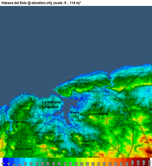 Zoom OUT 2x Habana del Este, Cuba elevation map