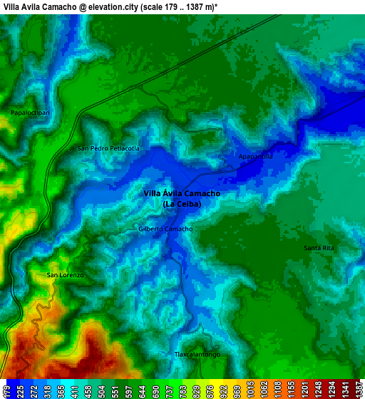 Zoom OUT 2x Villa Avila Camacho, Mexico elevation map