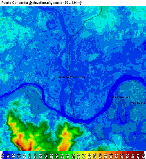 Zoom OUT 2x Puerto Concordia, Colombia elevation map