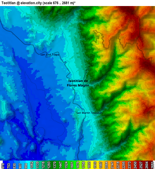 Zoom OUT 2x Teotitlán, Mexico elevation map