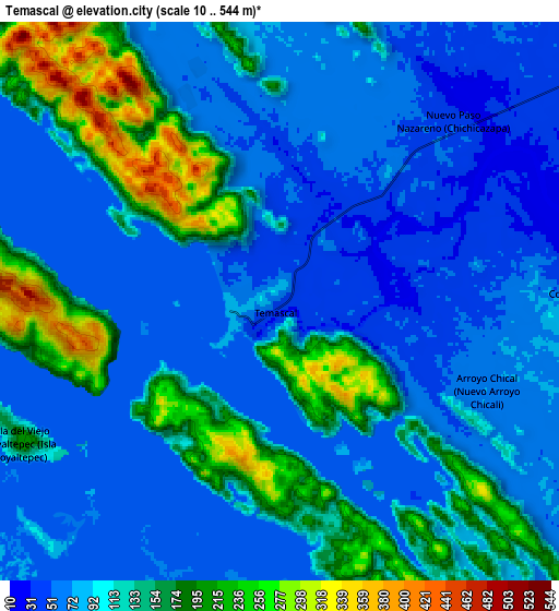 Zoom OUT 2x Temascal, Mexico elevation map