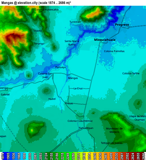 Zoom OUT 2x Mangas, Mexico elevation map