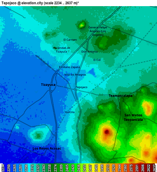 Zoom OUT 2x Tepojaco, Mexico elevation map