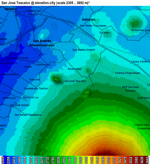 Zoom OUT 2x San José Teacalco, Mexico elevation map