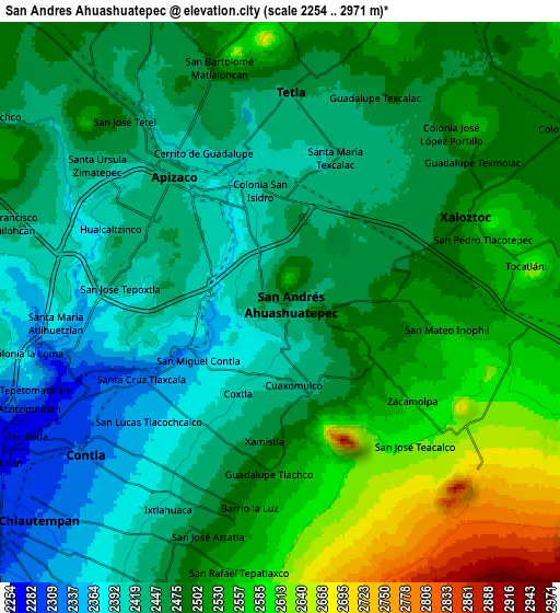 Zoom OUT 2x San Andrés Ahuashuatepec, Mexico elevation map