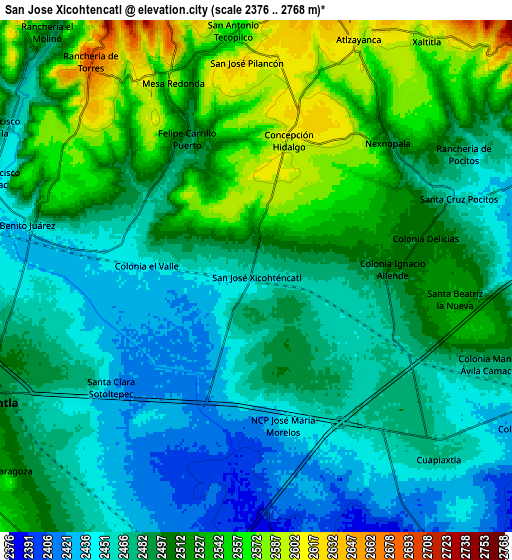 Zoom OUT 2x San José Xicohténcatl, Mexico elevation map