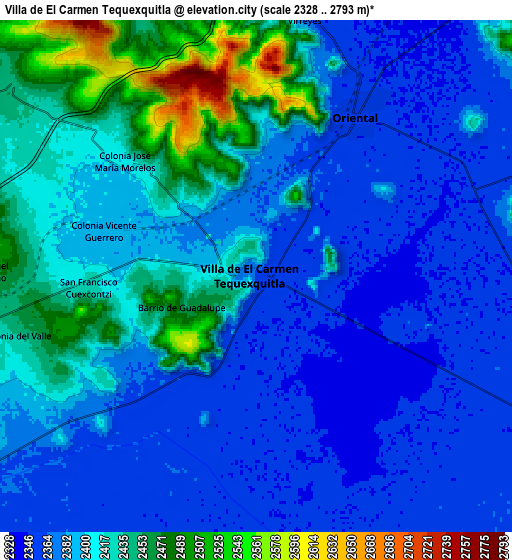 Zoom OUT 2x Villa de El Carmen Tequexquitla, Mexico elevation map