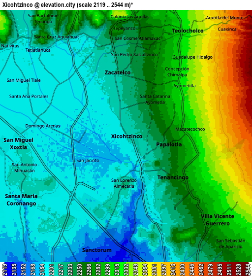 Zoom OUT 2x Xicohtzinco, Mexico elevation map