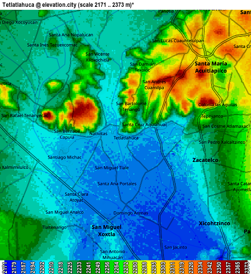 Zoom OUT 2x Tetlatlahuca, Mexico elevation map