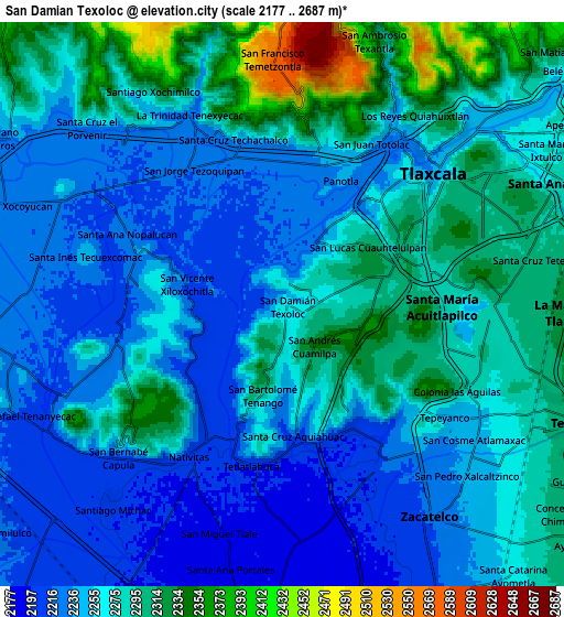 Zoom OUT 2x San Damián Texoloc, Mexico elevation map