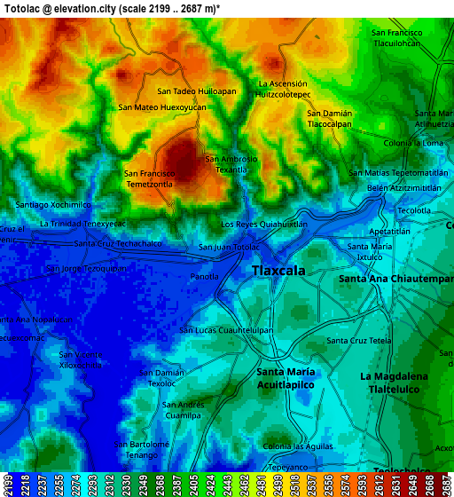 Zoom OUT 2x Totolac, Mexico elevation map