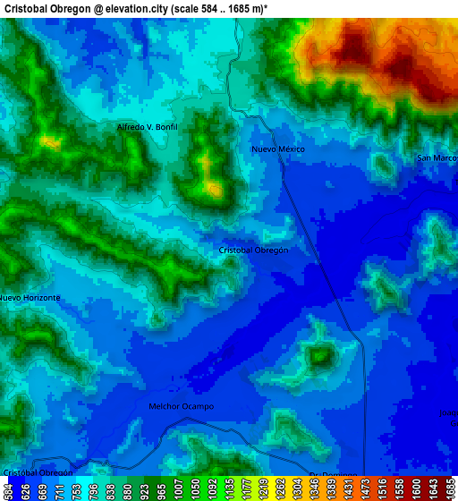 Zoom OUT 2x Cristóbal Obregón, Mexico elevation map