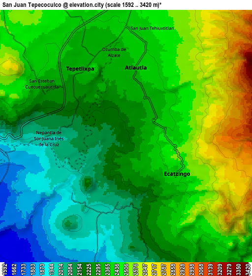 Zoom OUT 2x San Juan Tepecoculco, Mexico elevation map