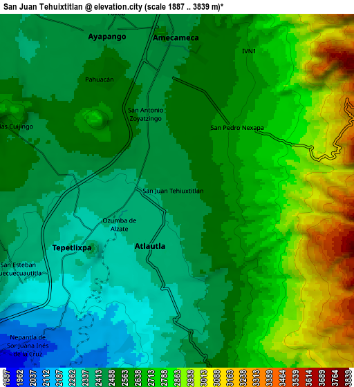 Zoom OUT 2x San Juan Tehuixtitlán, Mexico elevation map