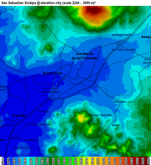 Zoom OUT 2x San Sebastián Xolalpa, Mexico elevation map
