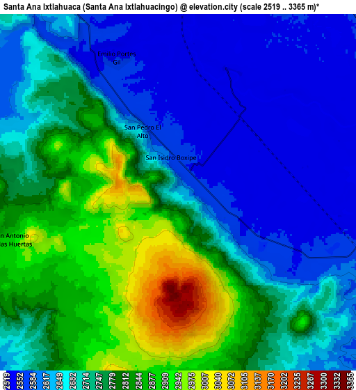 Zoom OUT 2x Santa Ana Ixtlahuaca (Santa Ana Ixtlahuacingo), Mexico elevation map