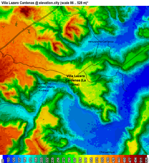 Zoom OUT 2x Villa Lázaro Cárdenas, Mexico elevation map