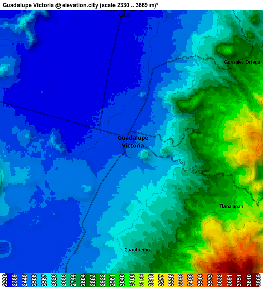 Zoom OUT 2x Guadalupe Victoria, Mexico elevation map