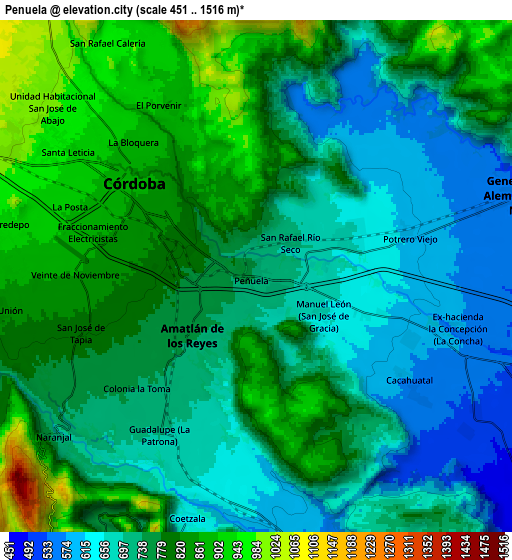 Zoom OUT 2x Peñuela, Mexico elevation map